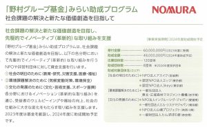 「野村グループ基金みらい助成プログラム」に採択いただきました。